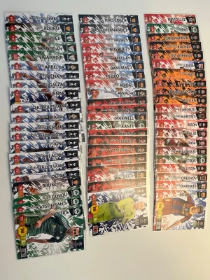 Samling fotbollskort Champions League - Stor samling fotbollskort från UEFA Champions League med spelare från olika lag och nationer. Korten har färgstarka designer i rött, blått, grönt och orange med spelarbilder och statistik. Perfekt för samlare eller fotbollsintresserade tonåringar. 63 kort, väldigt sällsynta från CHL 2010/2011 