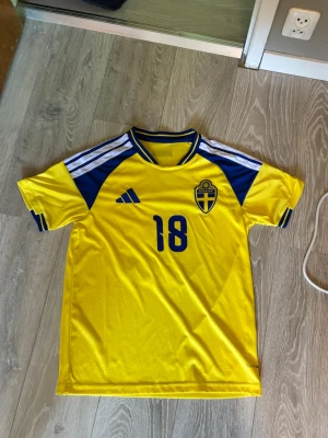 Svensk landslagströja nummer 18 - Gul och blå svensk landslagströja från Adidas med nummer 18 och namnet Ayari på ryggen. Tröjan har korta ärmar, blå detaljer på axlar och ärmslut samt det svenska landslagets emblem på bröstet. Perfekt för dig som vill stötta Sverige på match!