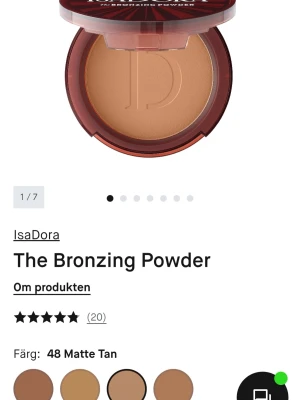 IsaDora The Bronzing Powder Matte Tan - Använd endast en gång. Säljer pga färgen inte passade mig. IsaDora The Bronzing Powder i färgen 48 Matte Tan är ett pressat bronzingpuder med matt finish. Kommer i en rund kompakt dosa med genomskinligt lock och stor präglad logga i pudret. Perfekt för att skapa en solkysst look och definiera ansiktet.             