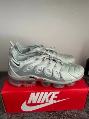 Nike Air Vapormax Plus silver - Nike Air Vapormax Plus i en clean silverfärg med futuristisk design och genomskinlig sula. Ovandelen är i syntetmaterial med tydliga detaljer och Nike-logga på sidan. Skorna har snörning och en chunky, stötdämpande sula som ger grym komfort.