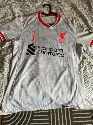 Liverpool bortatröja Nike grå - Liverpool FC bortatröja i ljusgrått med röda och gula detaljer från Nike. Tröjan har klubbmärke och sponsortryck framtill samt rund halsringning med röd och gul kant. Perfekt för fotbollsträning eller att bära på matchdag.