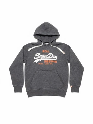 Mörkgrå Superdry hoodie med tryck - Snygg mörkgrå hoodie från Superdry med stor vit och orange logga på bröstet och japansk text. Klassisk känguruficka framtill, vita dragsnören i huvan och ribbade muddar. Perfekt för en avslappnad laidback look