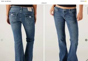 Blå bootcut jeans från True Religion modellen Joey - Säljer ett par blå bootcut jeans från True Religion med klassiska kontrastsömmar och snygga fickdetaljer bak. Jeansen har låg midja, fem fickor och silverfärgade knappar. Materialet är denim i bomull med lätt stretch för skön passform. Jag har endast använt dem 1 gång då de var lite stora på mig så inprincip i nyskick! skriv för egna bilder eller frågor💕💕 storlek 26, jag köpte på carlings för 1400