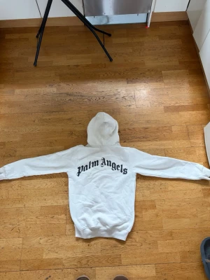 Palm Angels tröja - Palm Angels hoodie i storlek S. Använd men i okej skick, finns några fläckar/slitage som syns på bilderna. Skön och stilren hoodie med tryck fram och bak. Pris kan diskuteras.  Kommer ifrån djur och rök fritt hem❗️