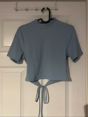 Ljusblå topp med öppen rygg - Ljusblå croppad topp med ribbad struktur och hög hals. Knytband i midjan som markerar figuren och en öppen rygg som ger en snygg och unik detalj. En stilren men samtidigt speciell topp – perfekt för fest, middag eller sommarhäng.(ifrån shein) 