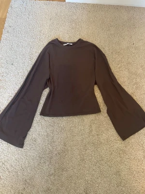 Brun långärmad topp med vida ärmar - Snygg brun topp med långa, vida ärmar och rund hals. Modellen är lätt croppad och har en enkel, stilren design som passar perfekt till jeans eller kjol. Tillverkad i mjukt material för en bekväm känsla.