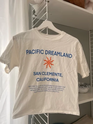Vit t-shirt med tryck från Pacific Dreamland - Vit t-shirt med blått och orange tryck framtill där det står 'Pacific Dreamland San Clemente, California' och en sol i mitten. T-shirten har rund hals och korta ärmar. Perfekt för en avslappnad och cool stil.