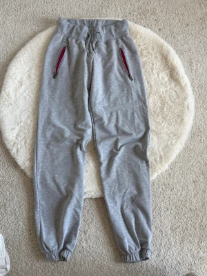 Grå mjukisbyxor med dragkedjor (XS) - Säljer ett par grå mjukisbyxor med resår i midjan och dragsko. Byxorna har två fickor med dragkedja och cool rosa detalj på insidan av fickorna. Muddar vid bensluten för en skön passform. Perfekta för chill dagar eller träning.