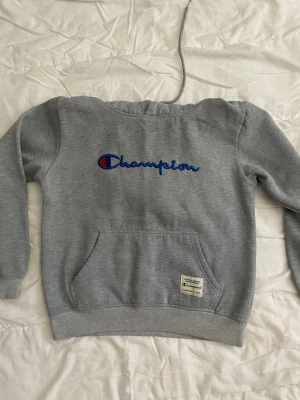 Grå hoodie från Champion - Snygg grå hoodie från Champion med klassisk logga broderad i blått och rött på bröstet. Hoodien har en stor magficka och ribbade muddar vid ärmar och nederkant. Tillverkad i mjukt sweatshirtmaterial och har en huva utan dragsko. Pris kan diskuteras 