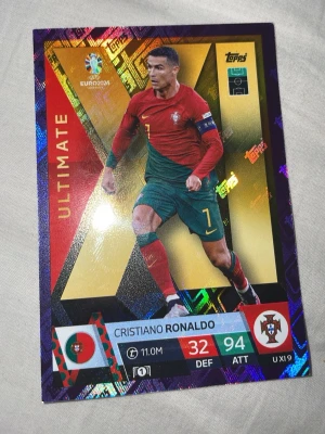 Match Attax Cristiano Ronaldo-kort - Samlarkort från Topps Match Attax UEFA Euro 2024 med Cristiano Ronaldo från Portugal. Kortet har färgglad, glansig design med guld, rött och grönt samt detaljer som spelarstatistik och logotyper. Perfekt för fotbollsfans och samlare.