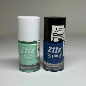 Ztiz nagellack  - Två nagellack från Ztiz: ett klassiskt blått nagellack med svart lock och ett mintgrönt gellack med vitt lock. Båda flaskorna rymmer 15 ml och har en stilren, rund design. 10kr styck, 20kr för båda.