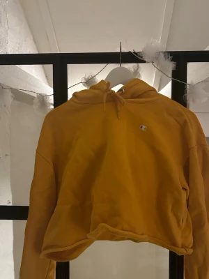 Gul cropped hoodie från Champion - Säljer en gul cropped hoodie från Champion med liten logga på bröstet. Hoodien har stor huva med dragsko och är tillverkad i mjukt sweatshirtmaterial. Perfekt för en avslappnad och trendig look. Oanvänd 