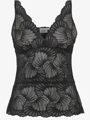 Svart spetslinnetopp från Saint Tropez - Snygg svart spetslinnetopp från Saint Tropez med v-ringad hals och breda axelband. Toppen är helt i spets med ett elegant mönster och transparent look. Perfekt att styla lager på lager eller som statement piece. Nypris 400, aldrig använd.