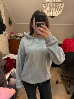 Grå hoodie med tryck - Säljer en ljusgrå hoodie med huva och tryck på både bröstet och ryggen. Hoodien har ett ganska tunt material. Använd ett fåtal gånger!🩷🩷