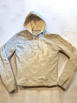 Grå hoodie från Diesel med tryck - Snygg grå hoodie från Diesel med stort vitt tryck på bröstet. Passar storlek XS trots att det står L på tagen. Hör av dig vid minsta fundering och jag fraktar alltid inom 24 timmar! Pris kan diskuteras vid snabb affär😊