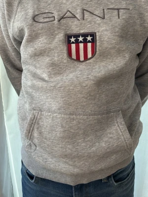 Grå hoodie från GANT med logga - Snygg grå hoodie från GANT med broderad logga och ett sköldmärke med stjärnor och ränder på bröstet. Hoodien har en klassisk känguruficka framtill och huva. Tillverkad i mjukt sweatshirtmaterial som är perfekt för chill dagar.