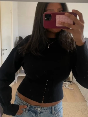 Svart croppad topp med snörning - Trendig svart croppad topp med lång ärm och snygg snörning framtill. Figurnära passform som framhäver midjan. 