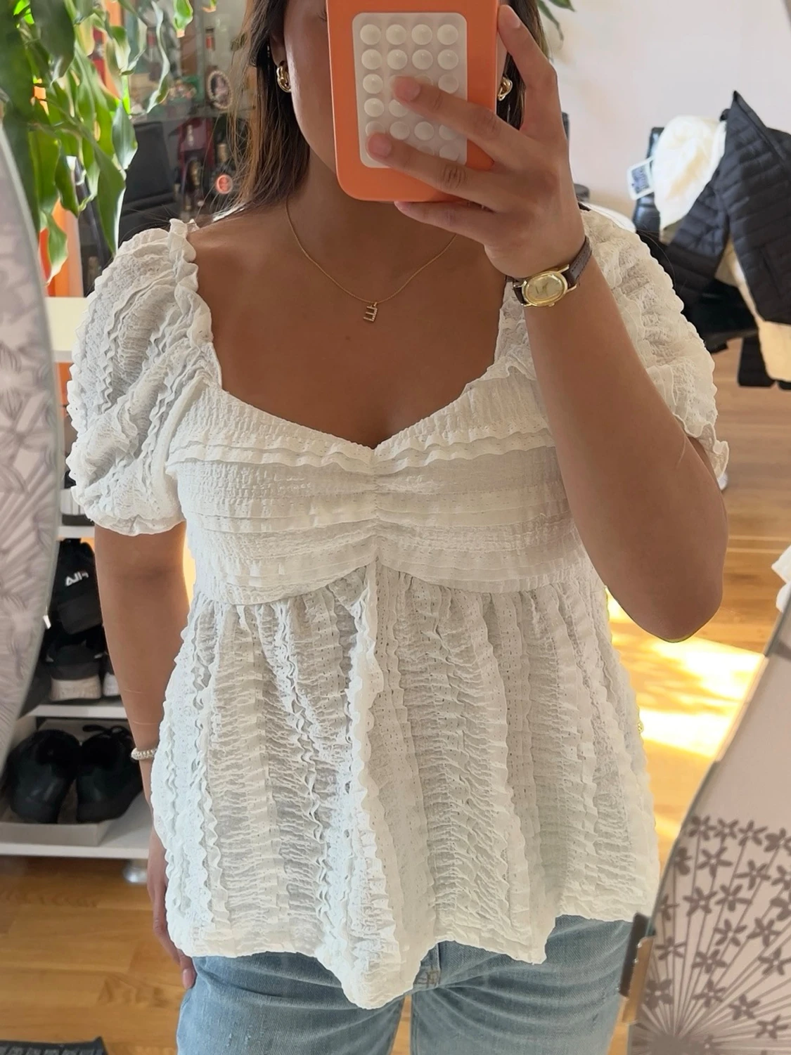 Vit puffärmad blus med struktur - 3