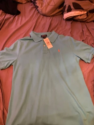 Ljusblå pikétröja från Ralph Lauren - Snygg ljusblå pikétröja från Ralph Lauren med klassisk krage och två knappar framtill. Tröjan har den ikoniska lilla logotypen broderad på bröstet i rosa. Perfekt till jeans eller shorts för en clean och fräsch look.