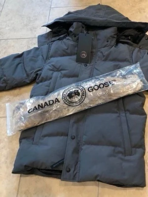 Grå dunjacka från Canada Goose - Snygg grå dunjacka från Canada Goose med avtagbar pälskant på huvan och klassisk logotyp på ärmen. Jackan har stora fickor, dragkedja och knappar framtill samt en hög krage för extra värme. Perfekt för kalla vinterdagar. Skriv för fler bilder eller andra funderingar, priset är ej skrivit i sten!
