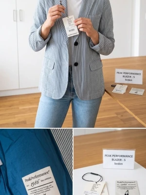 Randig kavaj från Peak Performance - Snygg kavaj från Peak Performance med smala blå och vita ränder. Klassisk modell med två knappar framtill, fickor med lock och bröstficka. Tunnare bomullsmaterial och blått innerfoder ger en fräsch känsla. Perfekt för en stilren look. Priset på butik och nätet är runt 2600 kr. 