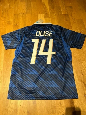 Frankrike fotbollströja Nike blå - Snygg blå fotbollströja från Nike med Frankrikes landslagsemblem och nummer 14 på både fram- och baksida. Namnet 'OLISE' står på ryggen. Tröjan har vit krage med röd detalj och är tillverkad i ett lätt, ventilerande material. Perfekt för match eller träning.