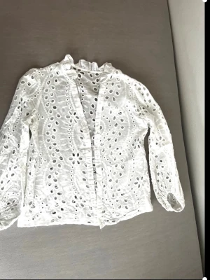 Vit broderad blus med volangkrage - Säljer en vit blus med broderade hålmönster och volangkrage. Blusen har långa ärmar med resår vid ärmslut och knäppning framtill. Tillverkad i ett tunt, luftigt material som känns riktigt somrigt och trendigt.