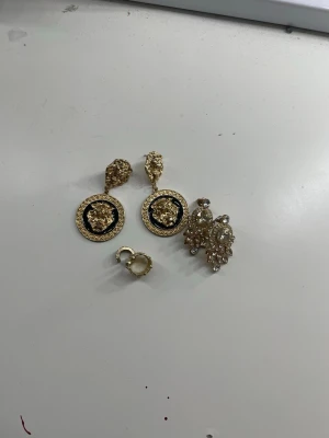 Guldiga örhängen med lejonmotiv - Säljer ett par statement örhängen i guldton med svart bakgrund och detaljerat lejonmotiv. Runda hängen med snygg relief och dekorativa kanter. Perfekta för dig som vill sticka ut med accessoarer som har attityd och unik design.
