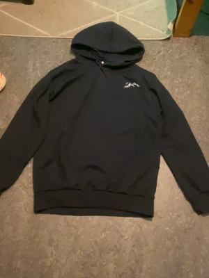 Svart hoodie med bergstryck - Svart hoodie med huva och dragsko. Liten vit bergslogga på bröstet. Klassisk passform med ribbade muddar vid ärmslut och midja. Perfekt för en chill och avslappnad stil. Materialet känns mjukt och bekvämt.