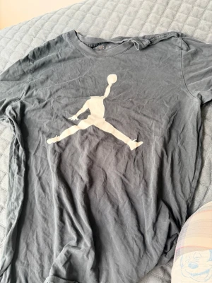 Grå Jordan t-shirt med stor logga - Snygg grå t-shirt från Jordan med den ikoniska vita Jumpman-loggan tryckt stort på bröstet. Klassisk rund hals och korta ärmar. Perfekt för dig som gillar streetwear och sportig stil.