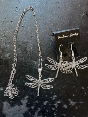 Smyckesset med trollsländor i silverfärg - Set med halsband och örhängen i silverfärgad metall med trollsländeformade hängen. Snyggt och stilrent smycke med detaljerad design, perfekt för dig som gillar naturinspirerade accessoarer.