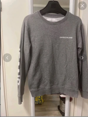 Grå sweatshirt från Calvin Klein Jeans - Snygg grå sweatshirt från Calvin Klein Jeans med vit logga på bröstet och stora tryck på ärmar och rygg. Klassisk rund halsringning och ribbade muddar vid ärmslut och nederkant. Perfekt för en avslappnad och trendig look.