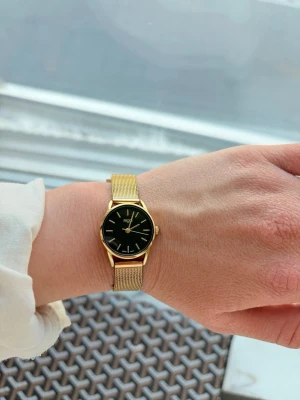 Guldig klocka från Regal med svart urtavla - Stilren klocka från Regal med guldig mesh-länk och svart urtavla. Klockan har minimalistiska index och en klassisk rund form. Perfekt accessoar för att lyfta din outfit med en elegant touch.