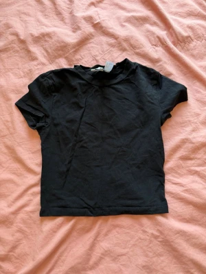 Svart basic t-shirt från H&M - En enkel svart t-shirt med korta ärmar och rund hals. Perfekt till jeans eller kjol för en clean och stilren look. T-shirten är i mjuk bomull och har en normal passform.