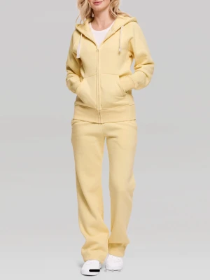 Russemerch set - Säljer ett loungewear-set i ljusgul färg med matchande hoodie och byxor. Hoodien har dragkedja, fickor och vit dragsko. Byxorna är raka och har elastisk midja. Perfekt för att chilla hemma eller hänga med kompisar. 