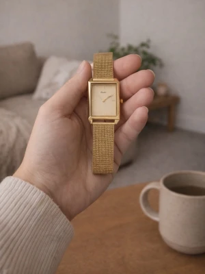 Guldig rektangulär klocka från Rosefield - Stilren klocka från Rosefield med rektangulärt ur och mesh-armband i guld. Urtavlan är ljus med minimalistisk design och tunna visare. Perfekt accessoar för dig som gillar en klassisk men modern look.