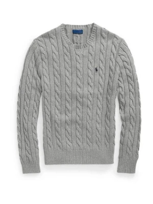 Grå kabelstickad tröja från Polo Ralph Lauren - Snygg grå kabelstickad tröja från Polo Ralph Lauren med rund halsringning och ribbade muddar. Tröjan har det klassiska broderade logotypen på bröstet och är tillverkad i mjukt material som passar perfekt till lager på lager. Endast testad gillade inte den så därmed säljer jag den.