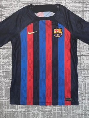 FC Barcelona matchtröja Nike - Snygg FC Barcelona matchtröja från Nike med klassiska blå och röda vertikala ränder. Tröjan har klubbmärket på bröstet och Nike-logga i guld. Tillverkad i lätt och ventilerande polyester, perfekt för fotbollsträning eller match.