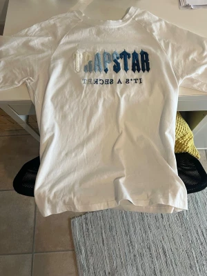 Vit Trapstar t-shirt med tryck - Vit t-shirt från Trapstar med blått och vitt tryck på bröstet där det står 'Trapstar It's a secret'. Klassisk passform och rund halsringning. Perfekt för dig som gillar streetwear och vill ha en clean look.