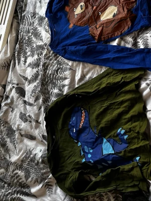 Två långärmade tröjor med tryck - Säljer två långärmade tröjor, en blå med björnmotiv och en mörkgrön sopassad med dinosaurietryck. Båda har rund hals och är tillverkade i mjukt bomullstyg. Perfekta för dig som gillar coola tryck och färg.