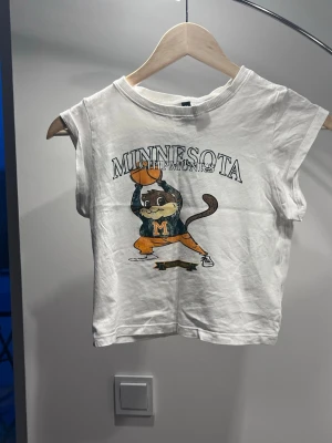 Vit croppad topp med tryck från H&M - Cool vit croppad topp från H&M Divided med tryck av en tecknad figur och texten 'Minnesota Chipmunks' på framsidan. Toppen är ärmlös och har en avslappnad passform, perfekt till jeans eller shorts.