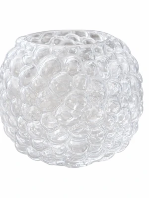 Bubblig glasvas från Mio - Säljer en rund, transparent glasvas från Mio med bubblig struktur runt hela ytan. Vasen har en unik design som ger ett coolt intryck och passar perfekt som dekoration eller för blommor. Märkt med 'Varsam handdisk'.