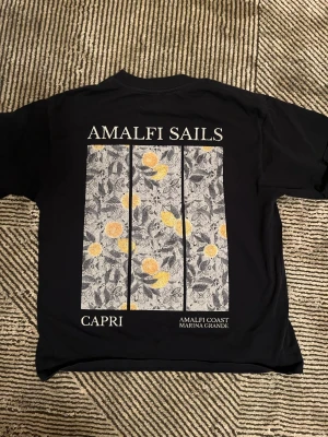 Svart Amalfi Sails t-shirt  - svart t-shirt från Amalfi Sails med stort grafiskt tryck på ryggen som visar citroner och bladmönster i vitt och gult. Texten 'AMALFI SAILS', 'CAPRI' och 'AMALFI COAST MARINA GRANDE' ger en italiensk vibe. Klassisk passform och korta ärmar. Tröjan är från notré succé 