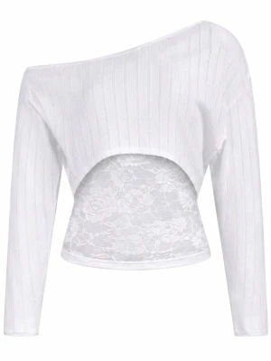 Vit ribbad croppad topp - Trendig vit croppad topp med ribbad struktur och lång ärm. Ena axeln är offshoulder. Går att styla med spets linnen, storleken är XS men skulle även säga att de med storleken S också kan ha denna! 💓💓