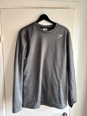 Grå långärmad tröja från Gymshark - Snygg grå långärmad tröja från Gymshark med rund halsringning och diskret logga på bröstet. Tillverkad i mjukt och stretchigt material som passar perfekt till träning eller chill. Enkel och stilren design som är lätt att matcha med andra plagg.