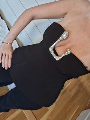 Svart korsettopp med silverdetalj - Supersnygg svart korsettopp från Zara med fyrkantig urringning dekorerad med glitter. Toppen är axelbandslös och har en figurnära passform med dragkedja i ryggen. Säljer då den inte passar mig, helt ny!