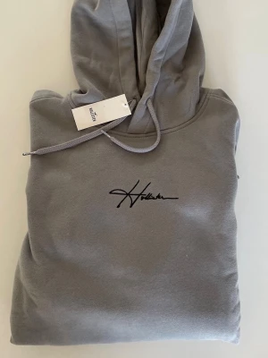 Helt ny, Grå hoodie från Hollister  - HELT NY med prislapp, Snygg grå hoodie från Holster med svart broderad logga på bröstet. Klassisk modell med huva och dragsnören. Tillverkad i mjukt material som känns skönt mot huden. Tveka inte att skriva vid funderingar!!