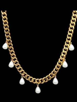 18K guldpläterat halsband med pärlor  - Stilfullt halsband. Kedjetjocklek-8,3mm .Nickelfri. Högkvalitativt rostfritt, 18K guldpläterat stål 316   #28