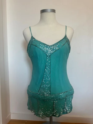 Turkost linne med paljetter - Snyggt turkost linne med tunna axelband och glittriga paljettdetaljer längs kanterna och nederdelen. Tillverkat i ett lätt, transparent tyg som ger en luftig känsla. Perfekt för dig som vill ha något extra fint på fest eller i sommar. Fattas några paljetter men inget som förstör helhetsintrycket.