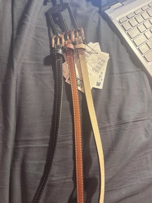 3-pack smala bälten från H&M - Säljer ett 3-pack smala bälten från H&M i svart, brunt och beige. Alla har guldfärgade spännen och klassisk design. Perfekta för att lyfta vilken outfit som helst och funkar till både jeans och klänning. 91 cm (strl s) helt oanvända med prislapp